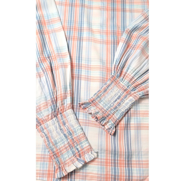 Ann Taylor Tops - Ann Taylor Blouse Women Medium‎ White Blue Orange Plaid Smocked Long Sleeve